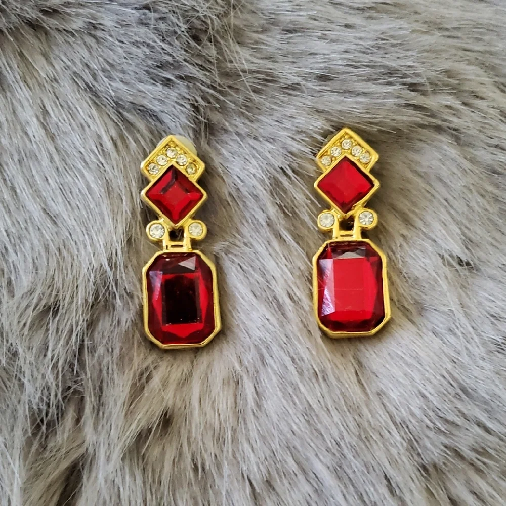 Radiant Gold and Red Crystal Earrings - Picture 1 of 2
